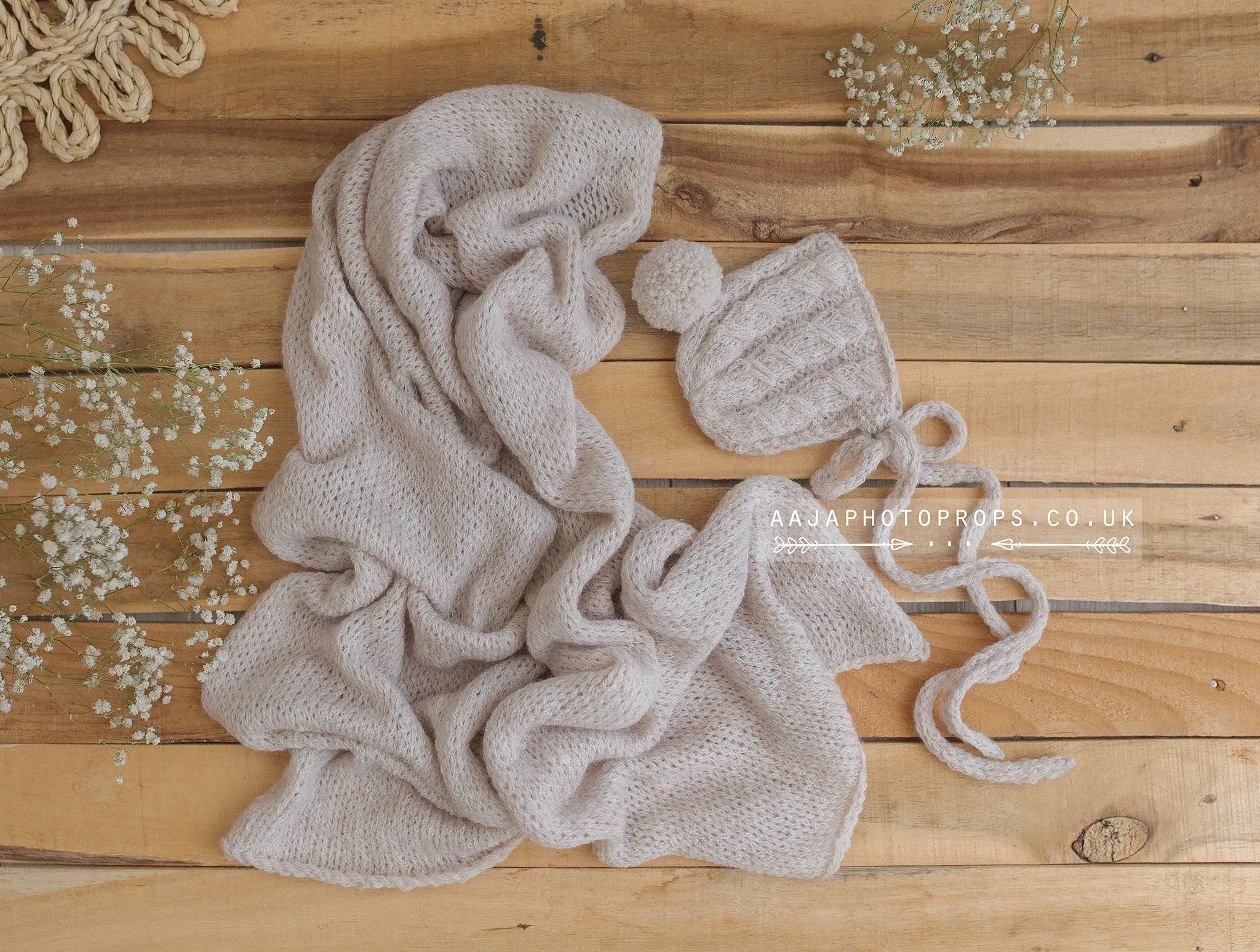 Baby newborn Knitted bonnet and wrap, light beige, RTS