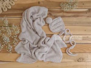 Baby newborn Knitted bonnet and wrap, light beige, RTS