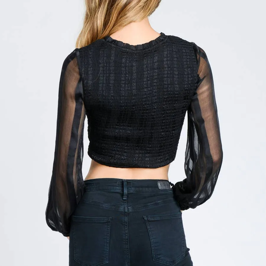 Smocked crop top with sheer long sleeves